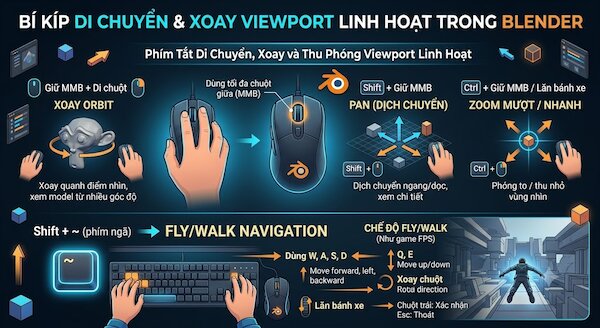 Phím tắt di chuyển, xoay và thu phóng viewport linh hoạt